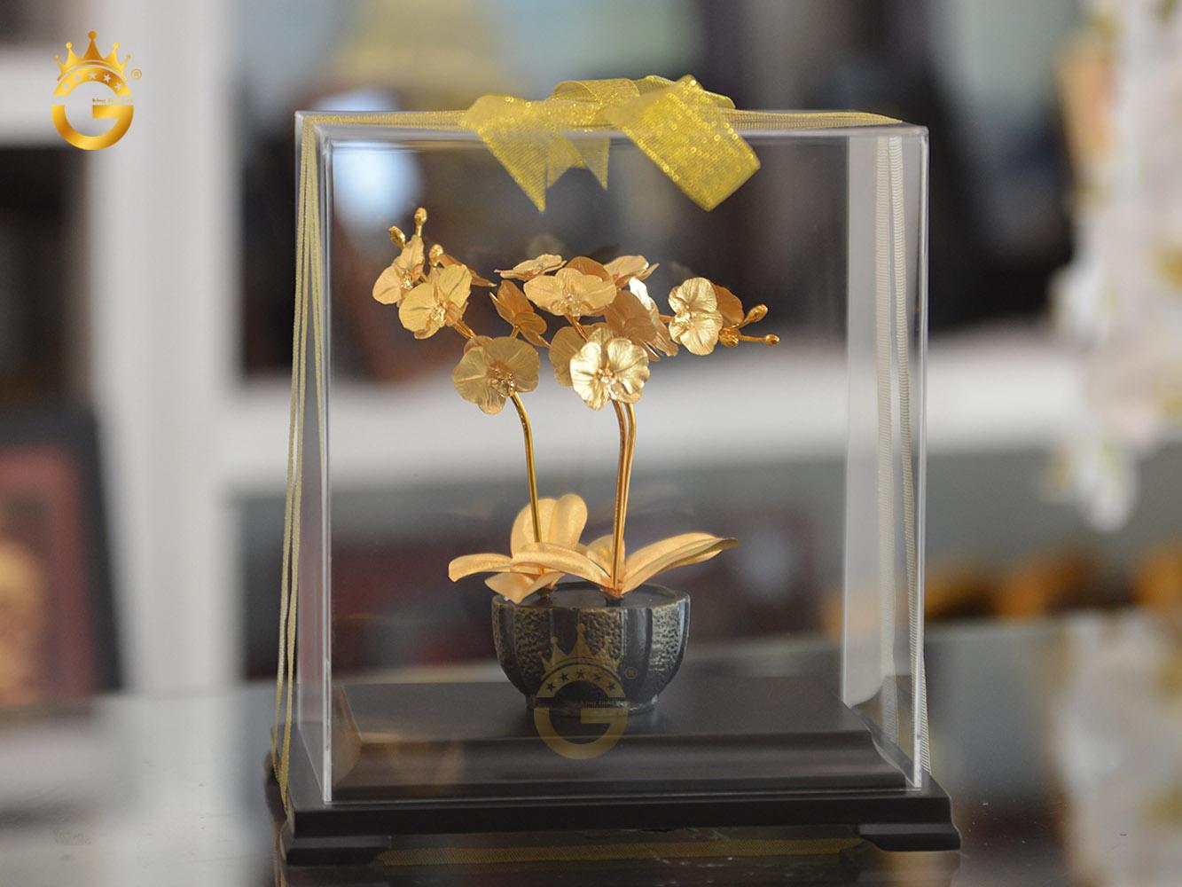 Bộ sưu tập biểu trưng chậu cây bonsai mạ vàng, cây phong thủy vàng lá 24k