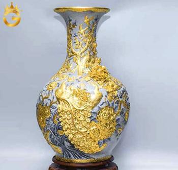 Bình gốm vinh hoa phú quý đắp nổi họa tiết vẽ vàng